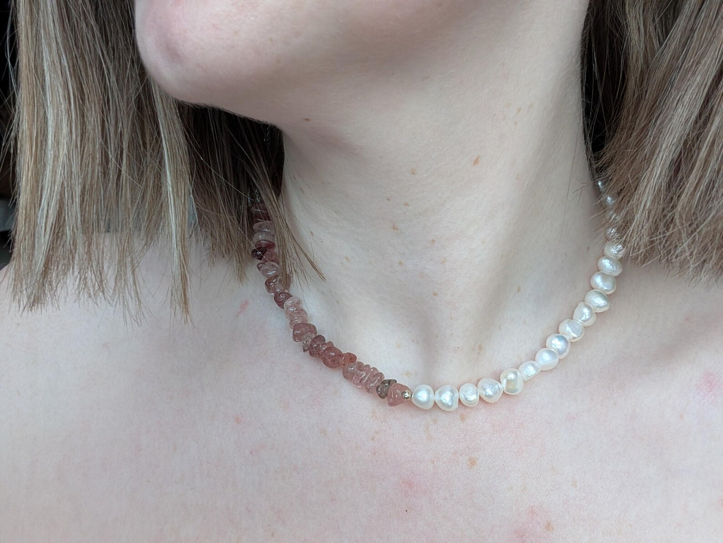 Strawberry Quartz & Freshwater Pearl Sterling Silver Necklace - 15” Handmade Gemstone Jewellery