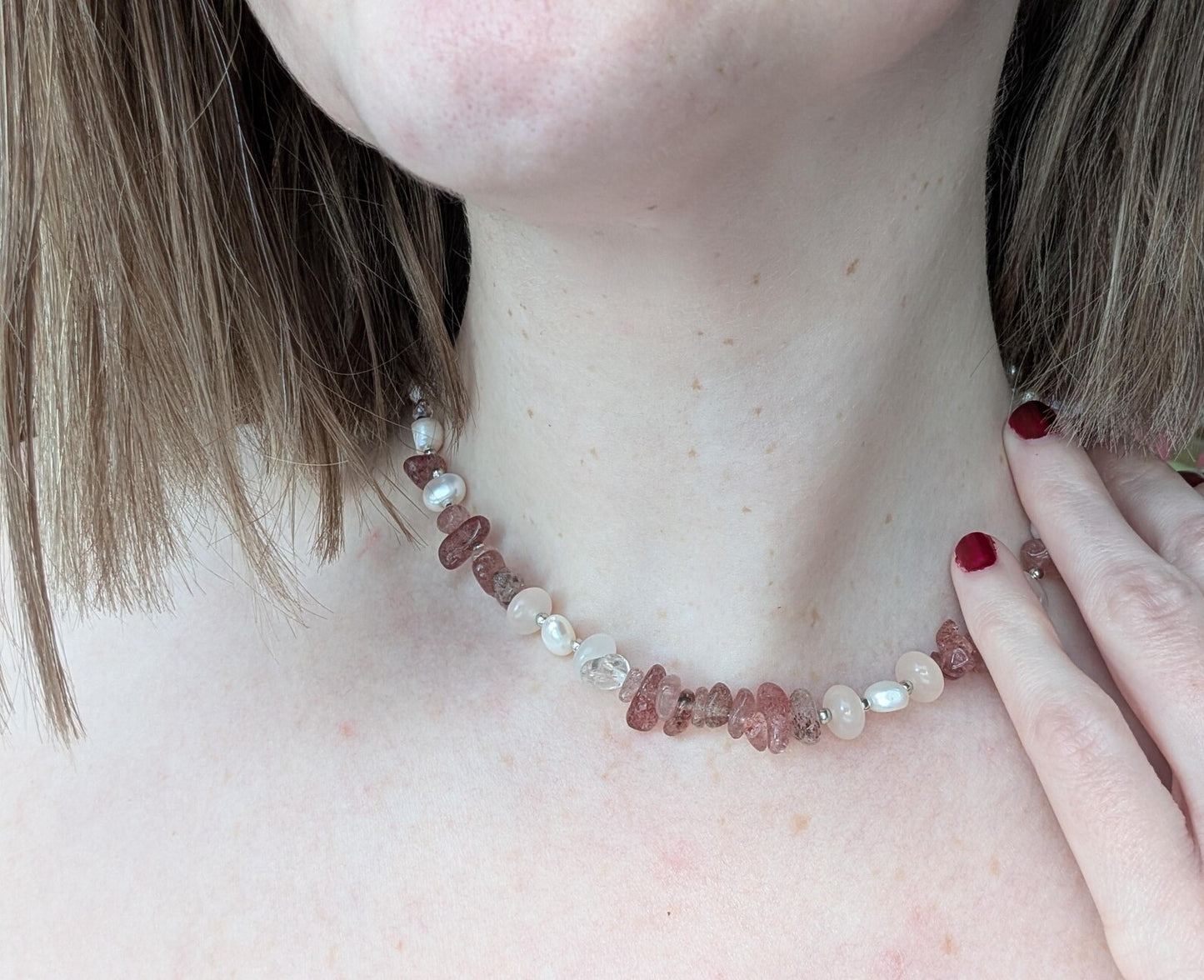 Layered Freshwater Pearl & Strawberry Quartz Sterling Silver Necklace 15"