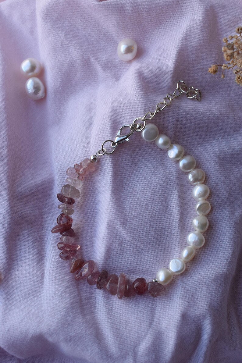 Strawberry Quartz & Pearl 15cm Adjustable Bracelet