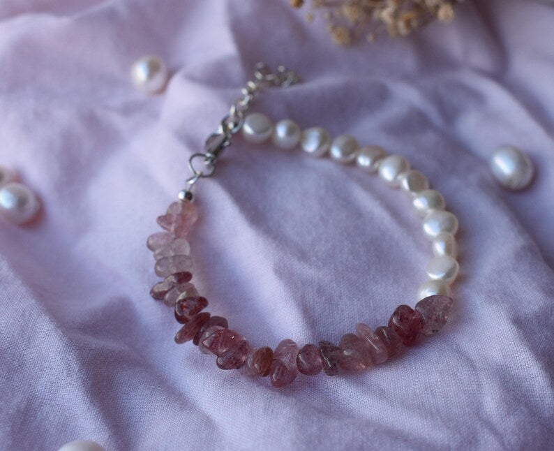 Strawberry Quartz & Pearl 15cm Adjustable Bracelet