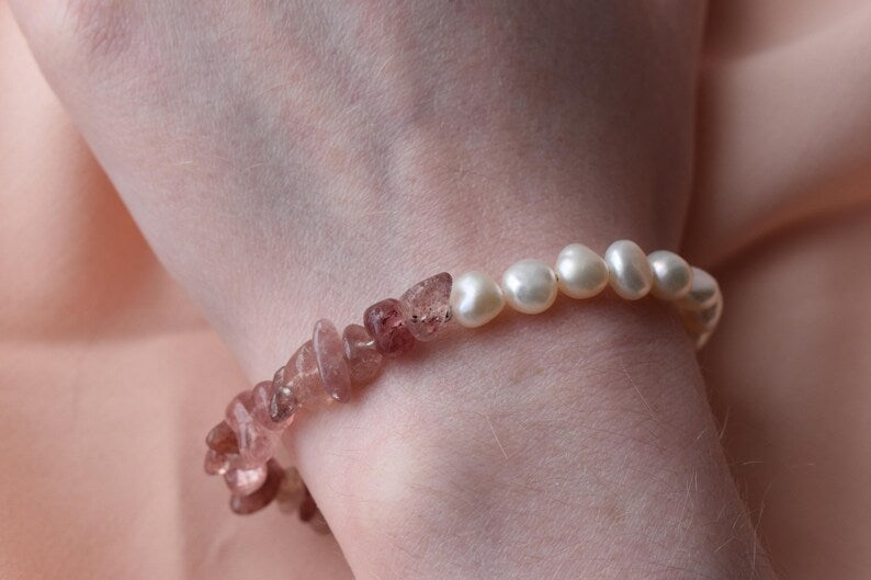 Strawberry Quartz & Pearl 15cm Adjustable Bracelet