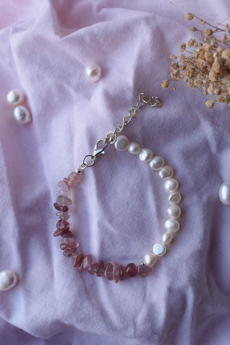 Strawberry Quartz & Pearl 15cm Adjustable Bracelet
