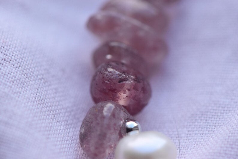 Strawberry Quartz & Pearl 15cm Adjustable Bracelet