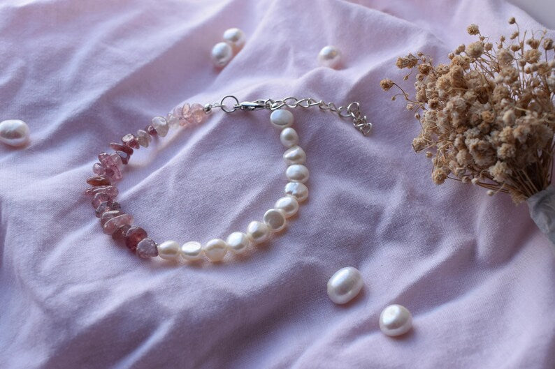 Strawberry Quartz & Pearl 15cm Adjustable Bracelet