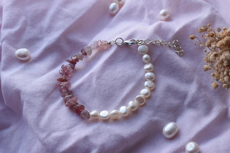 Strawberry Quartz & Pearl 15cm Adjustable Bracelet