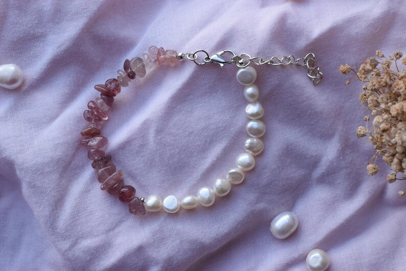 Strawberry Quartz & Pearl 15cm Adjustable Bracelet