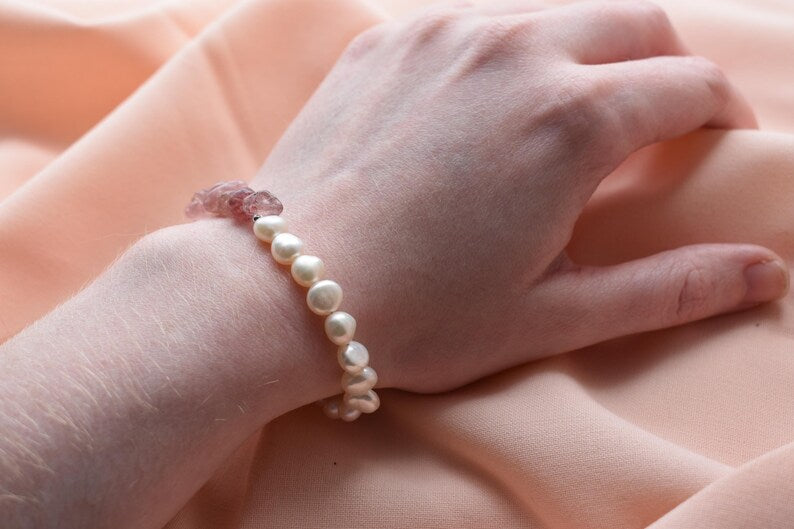 Strawberry Quartz & Pearl 15cm Adjustable Bracelet