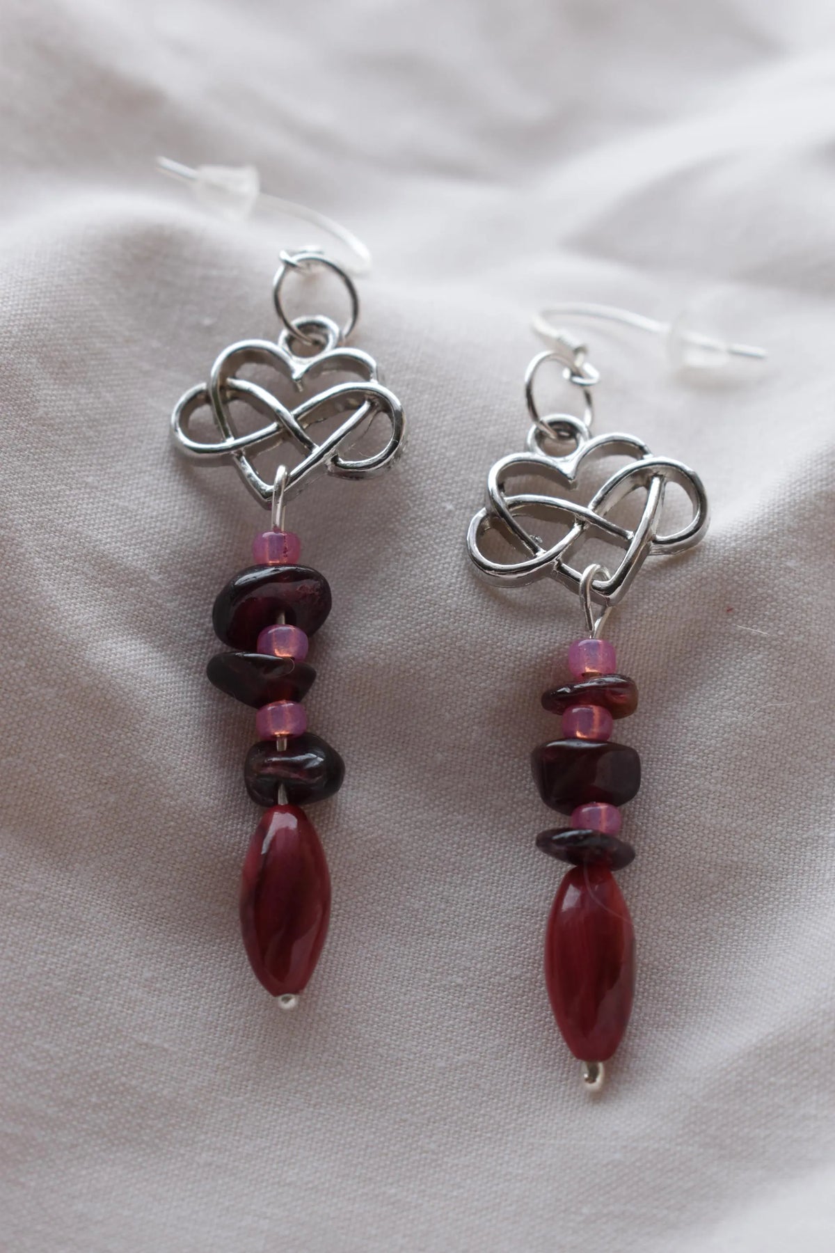 Garnet & Celtic Heart Drop Sterling Silver Earrings with Antique Silver Tone Charm