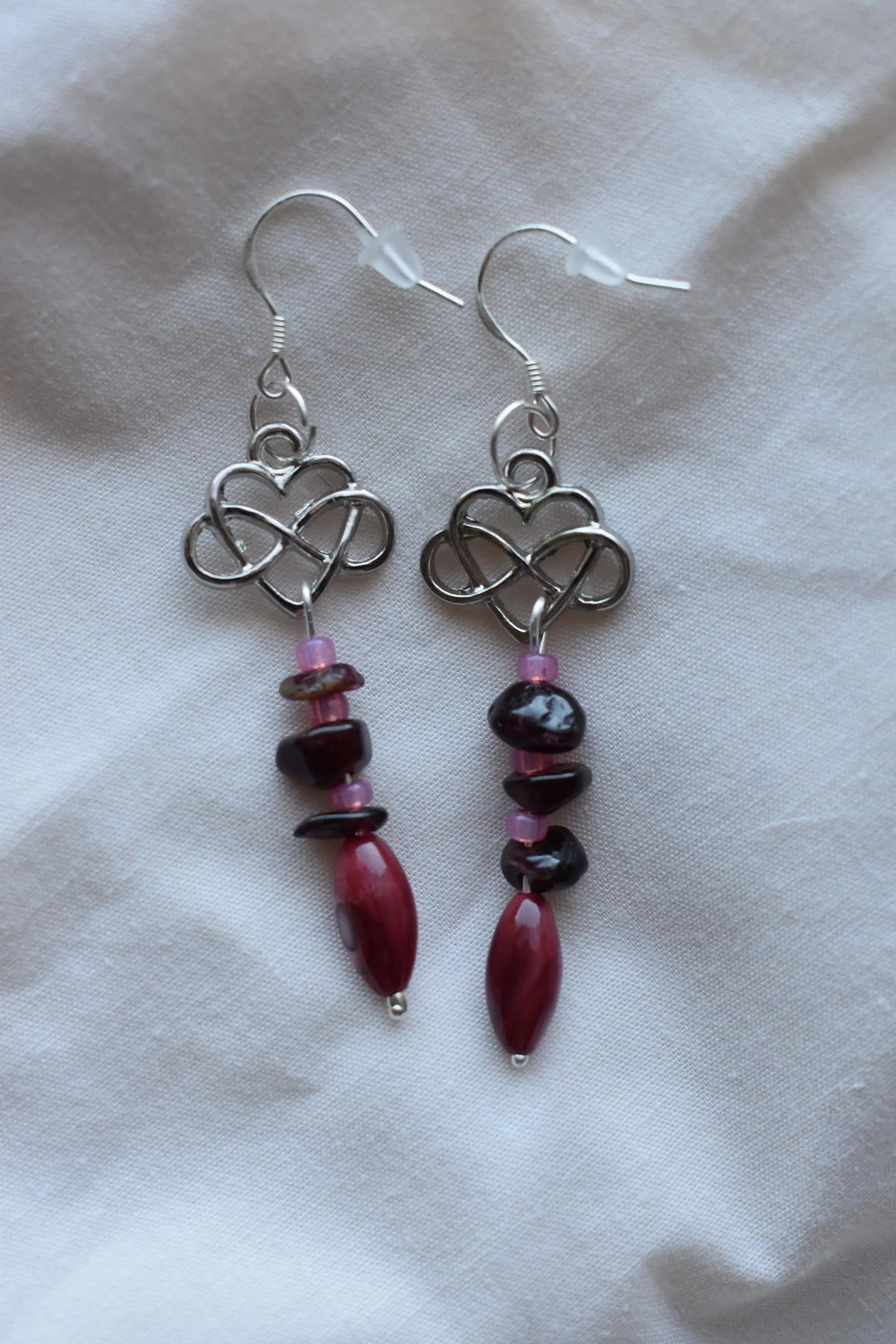Garnet & Celtic Heart Drop Sterling Silver Earrings with Antique Silver Tone Charm
