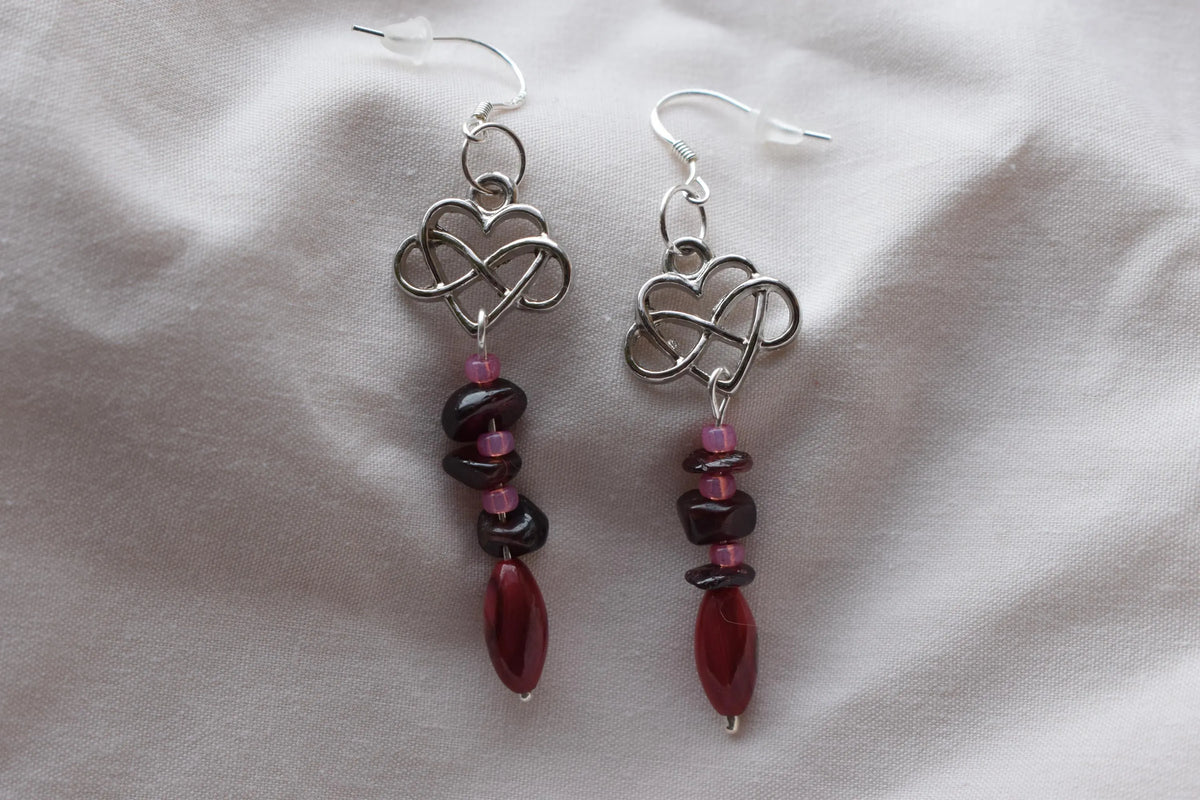 Garnet & Celtic Heart Drop Sterling Silver Earrings with Antique Silver Tone Charm