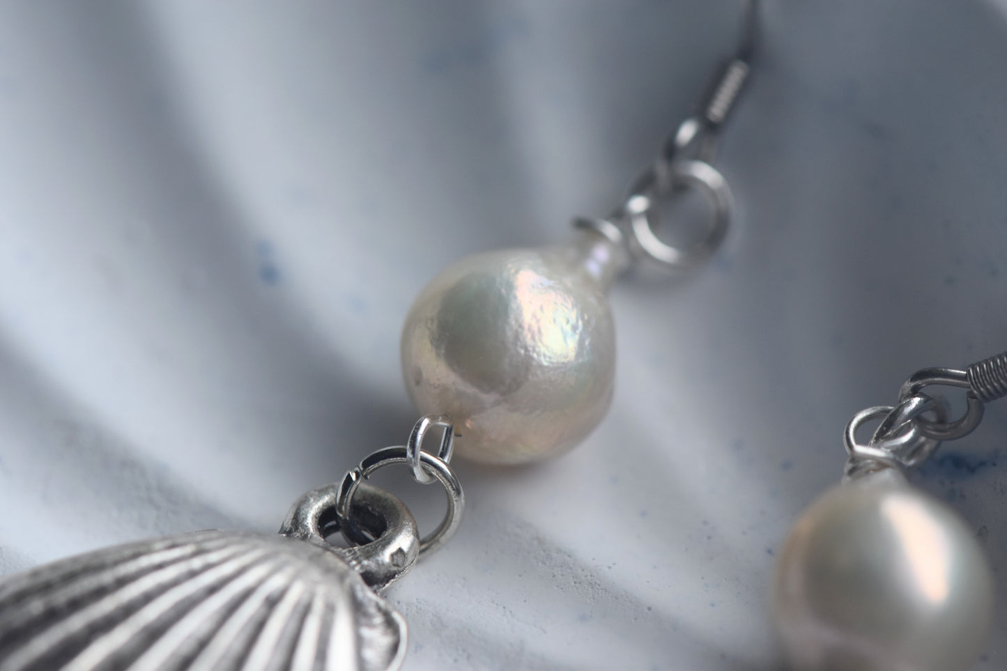 Silver Seashell & Pearl Drop Earrings