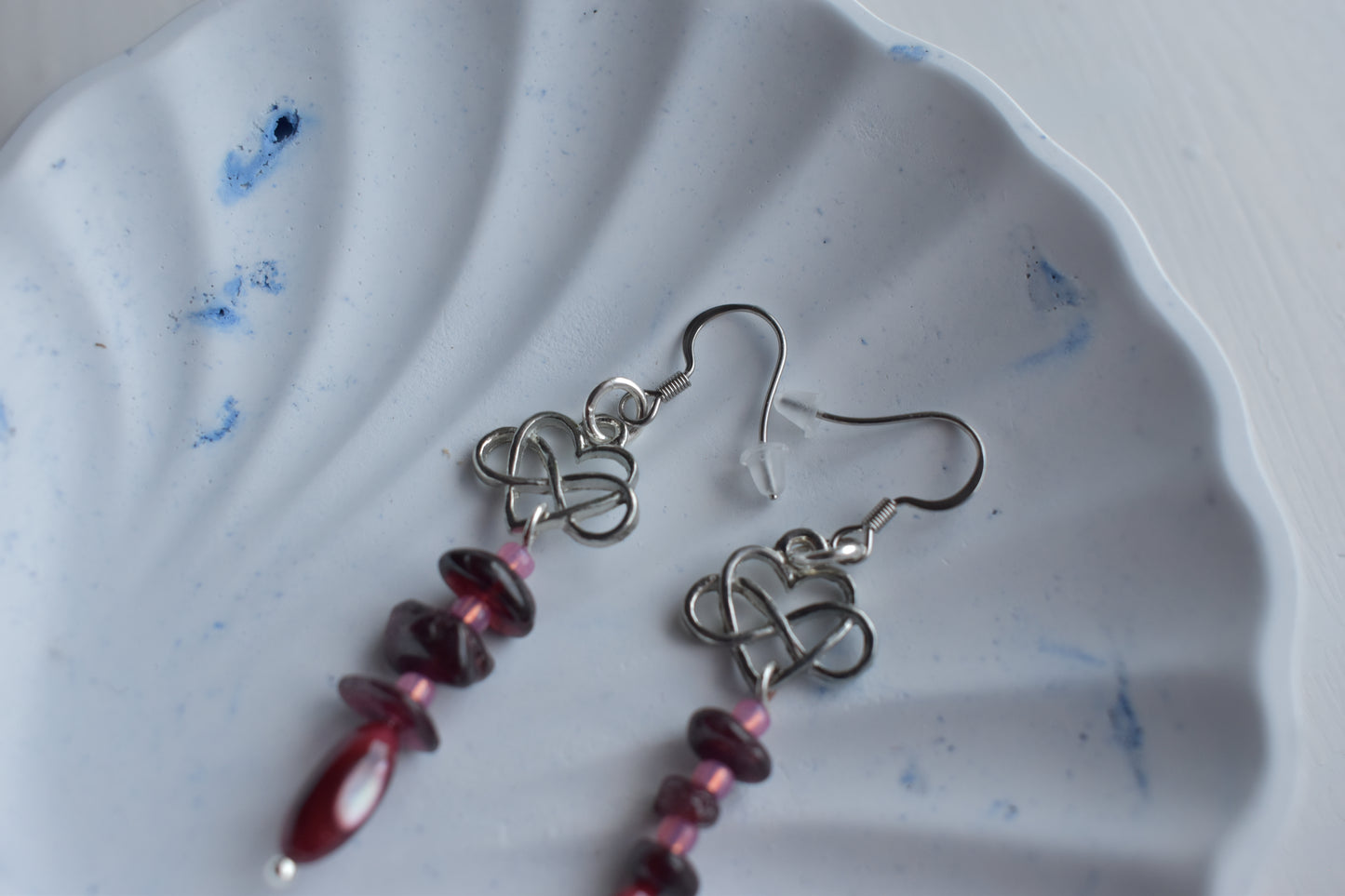 Garnet & Celtic Heart Drop Earrings