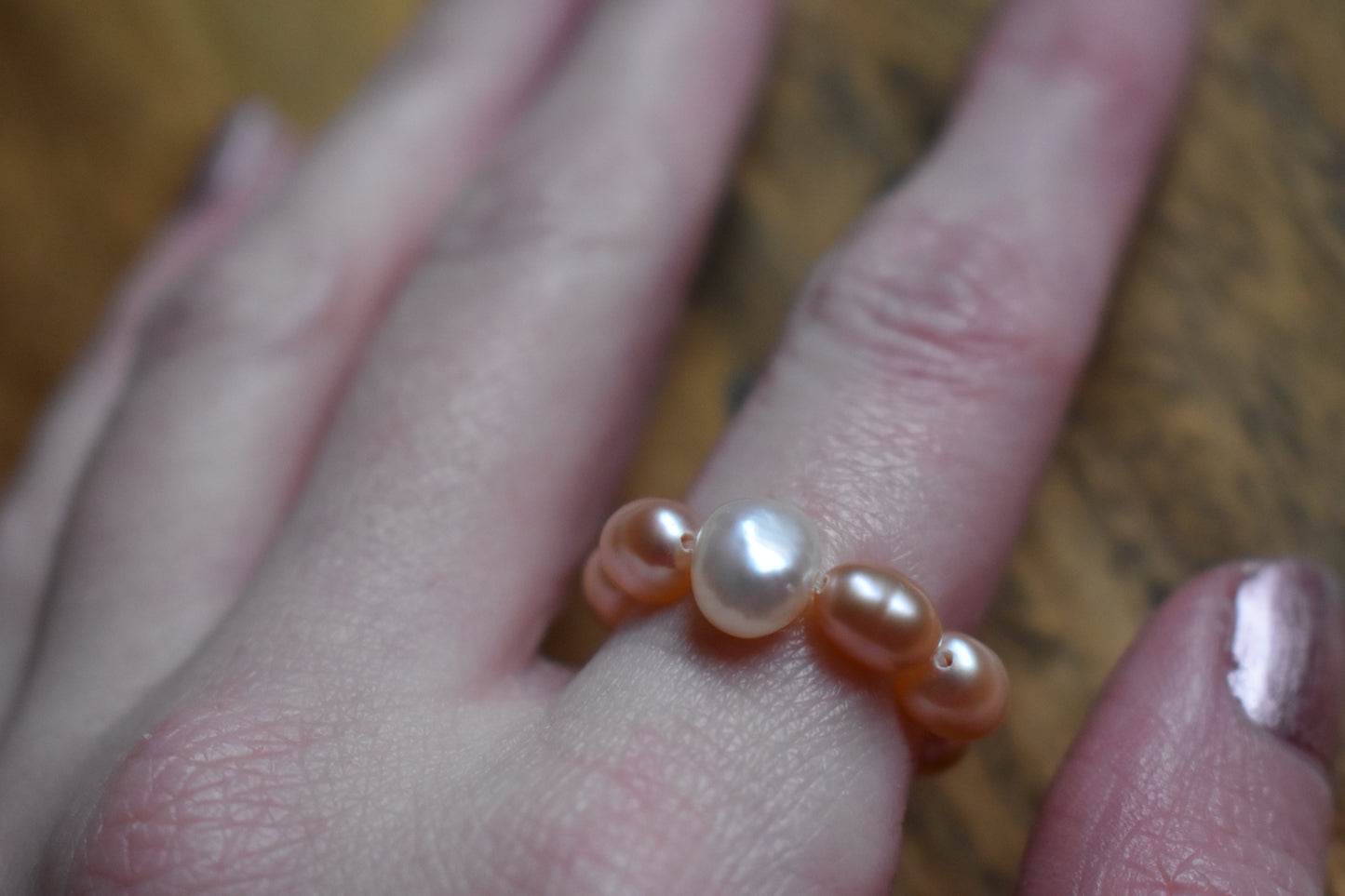 Pale Pink Freshwater Pearl Elastic Ring - Natural Pearls, Minimalist Ring