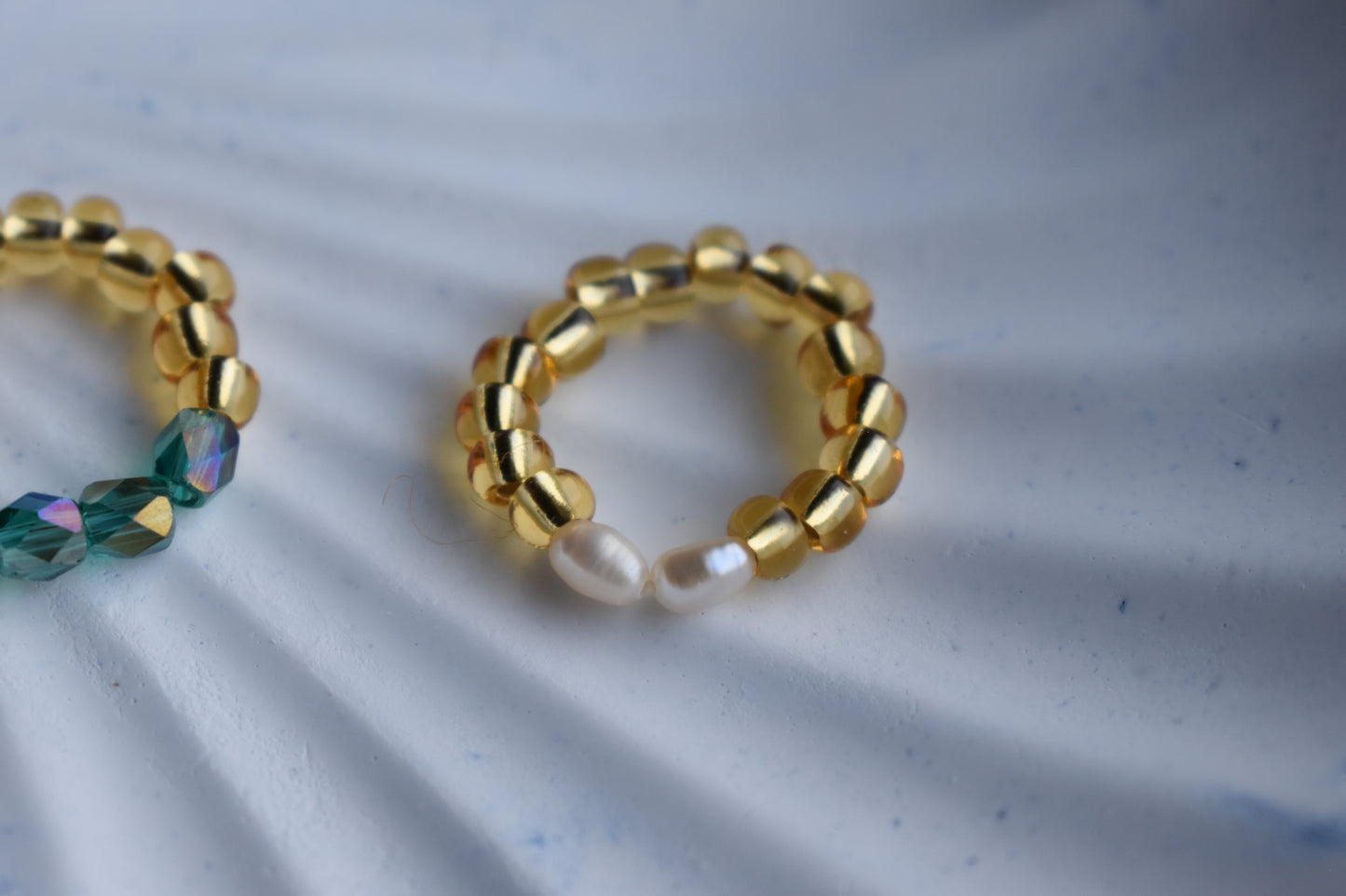 Handmade Two-Ring Bundle - Seed Bead Rings with Pearls & Emerald Glass - Adjustable Fit
