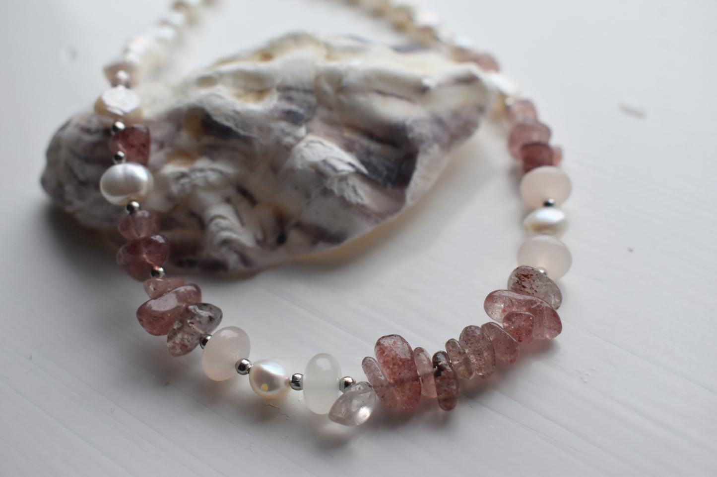 Layered Freshwater Pearl & Strawberry Quartz Necklace 15"
