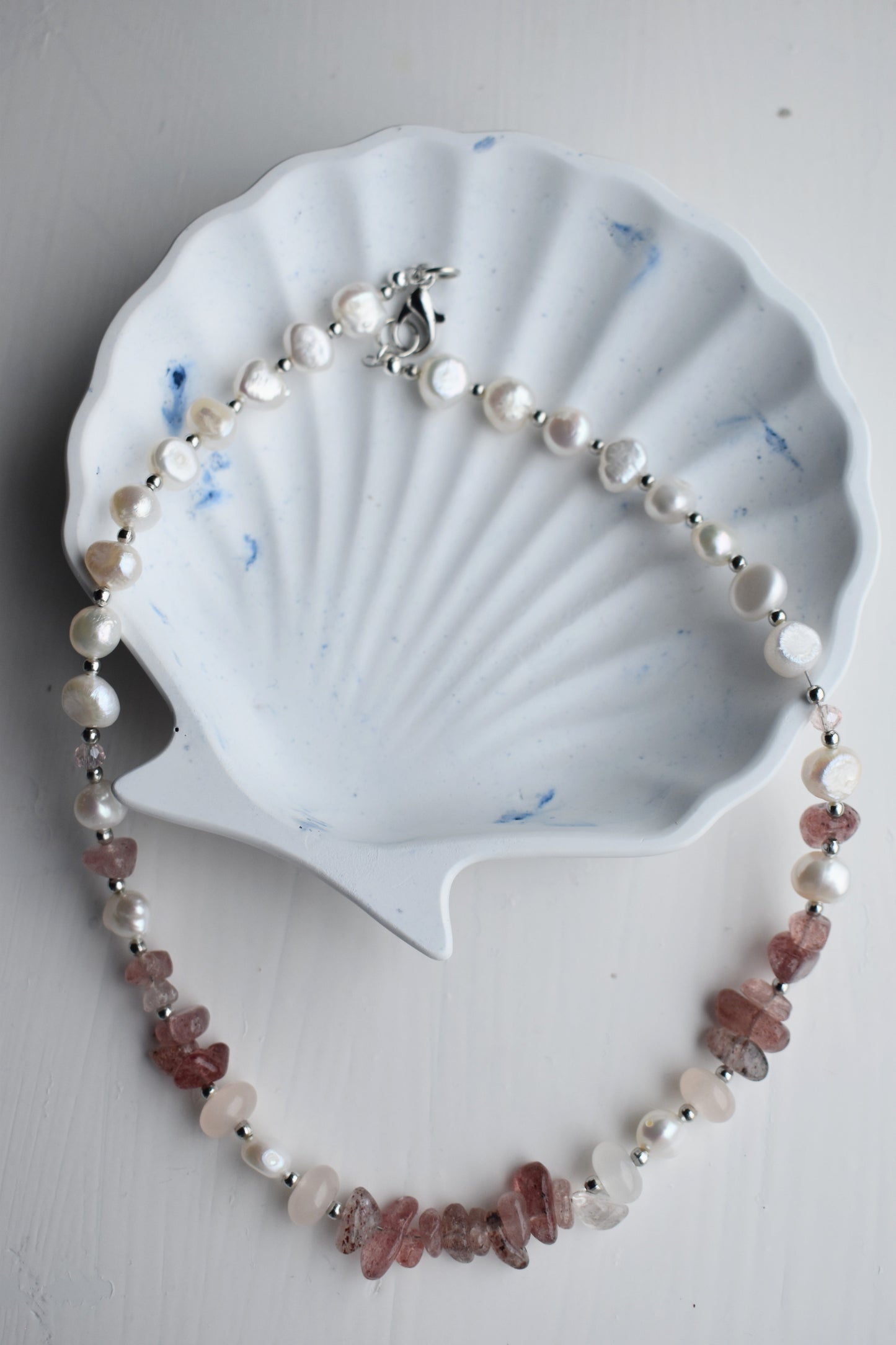 Layered Freshwater Pearl & Strawberry Quartz Necklace 15"