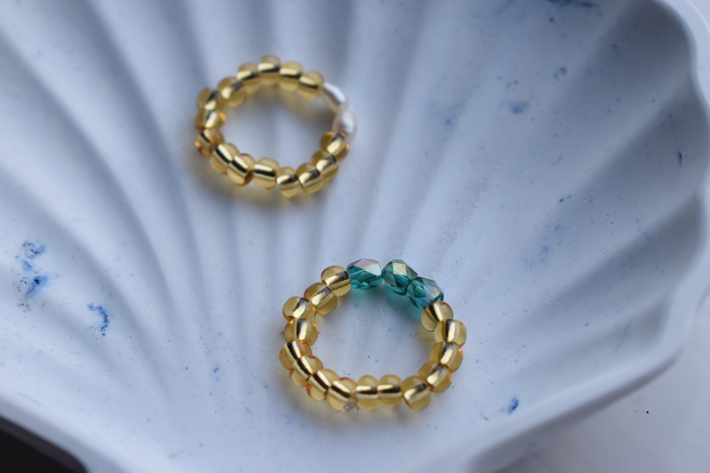 Handmade Two-Ring Bundle - Seed Bead Rings with Pearls & Emerald Glass - Adjustable Fit