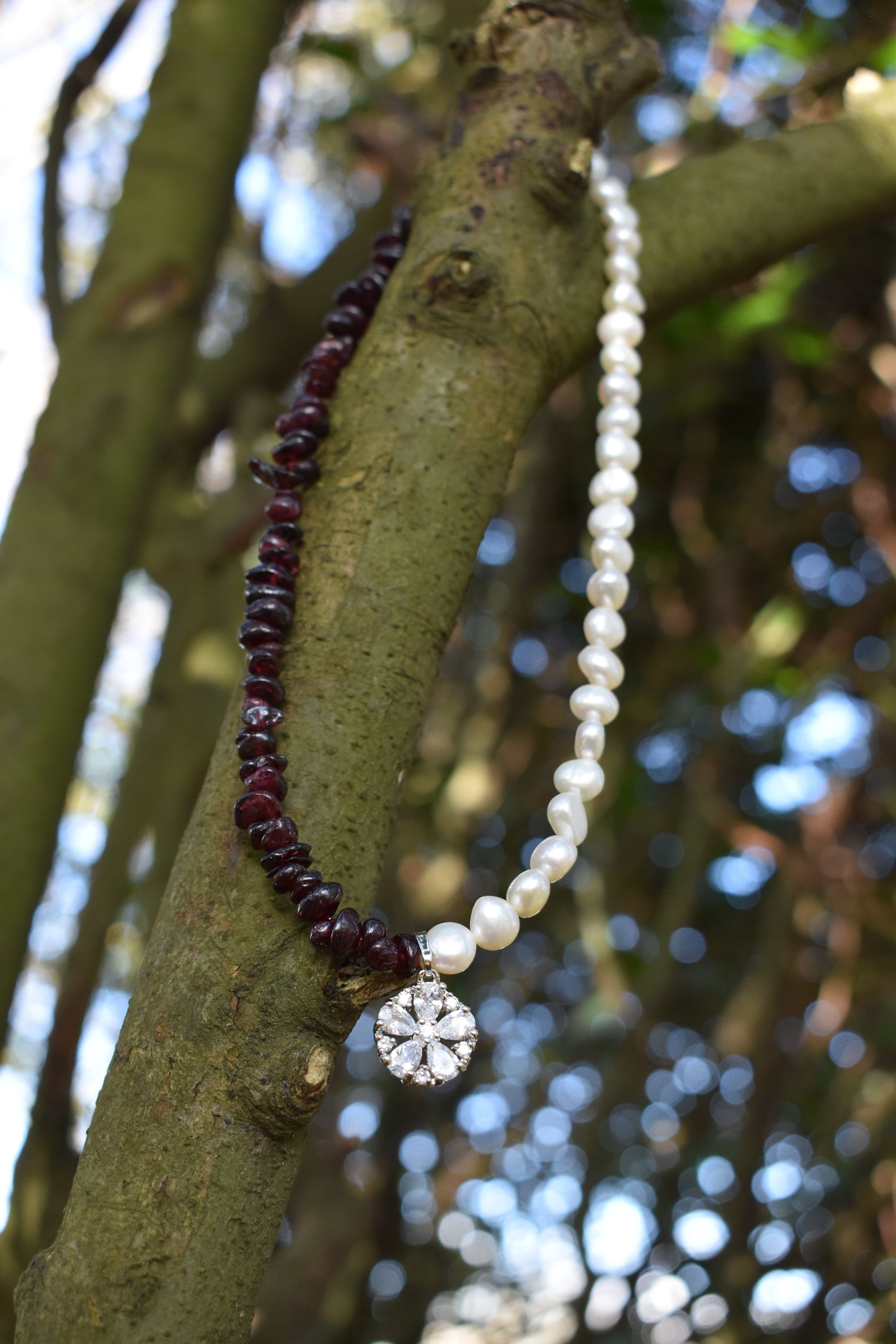 Garnet & Pearl Asymmetrical Sterling Silver Necklace with Cubic Zirconia Pendant