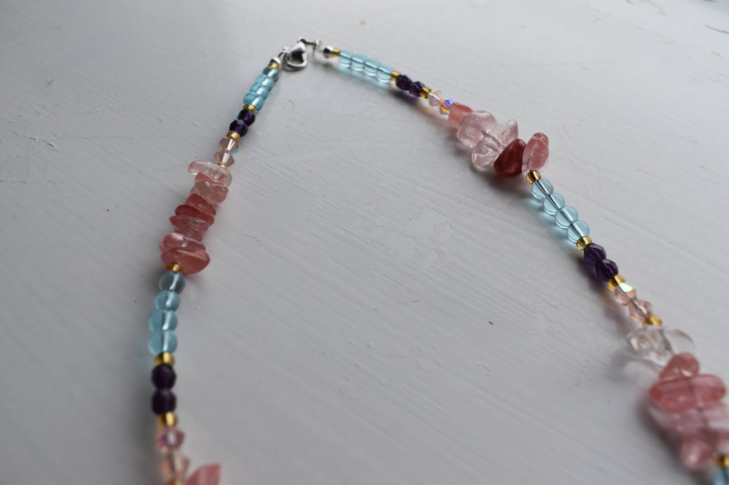 Blue Glass, Cherry Quartz & Crystal Accents - 15'' Handmade Jewellery - Sectioned Beaded Necklace