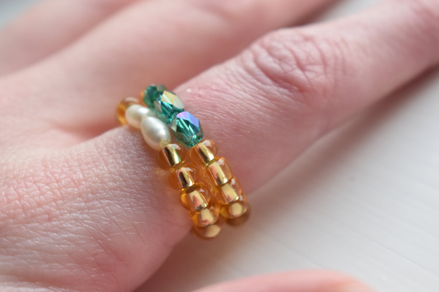 Handmade Two-Ring Bundle - Seed Bead Rings with Pearls & Emerald Glass - Adjustable Fit