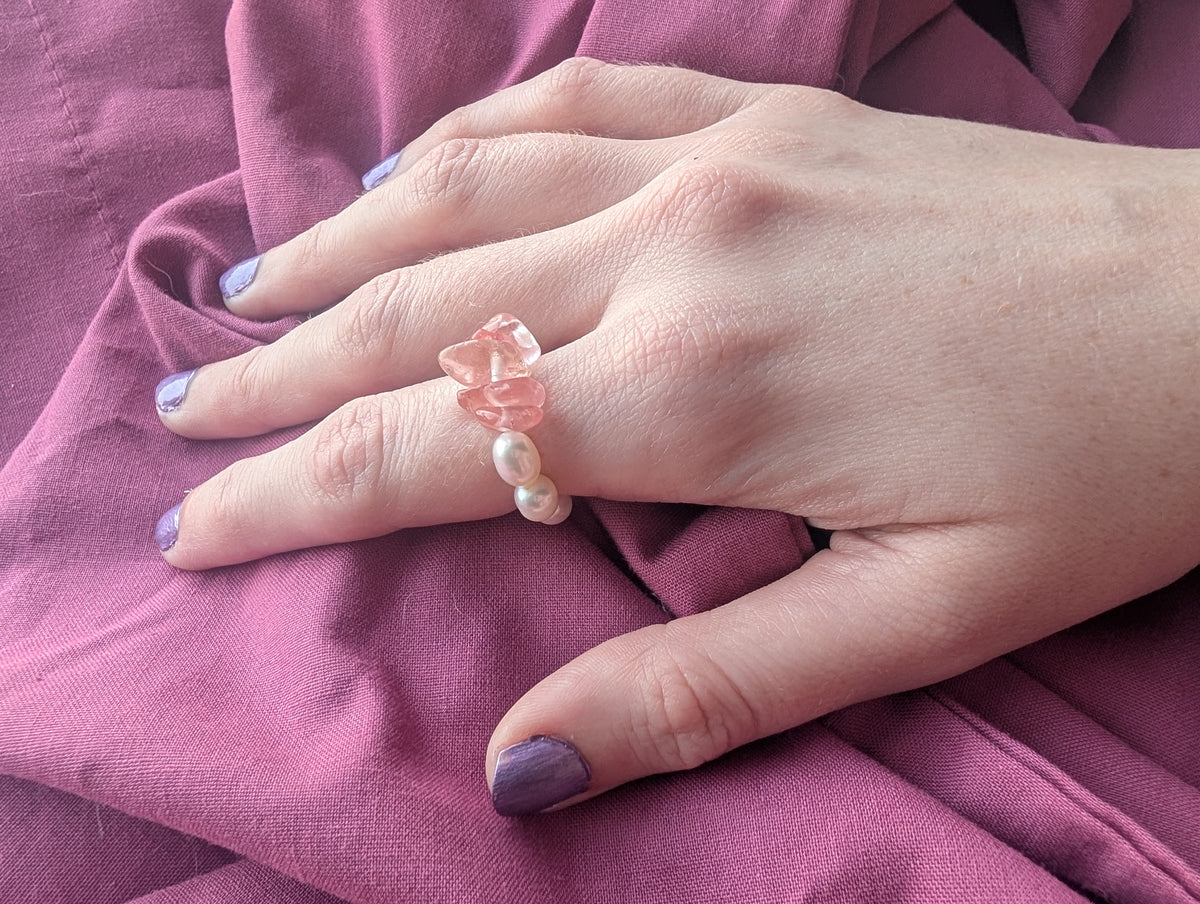Delicate Freshwater Pearl & Cherry Quartz Stretch Ring - Handmade, Adjustable, Natural Gemstone Jewellery