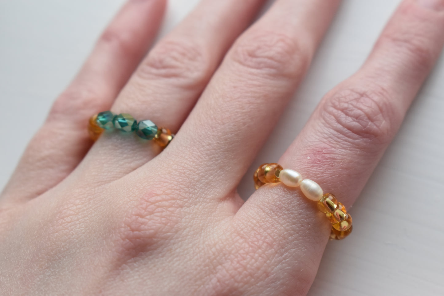 Handmade Two-Ring Bundle - Seed Bead Rings with Pearls & Emerald Glass - Adjustable Fit