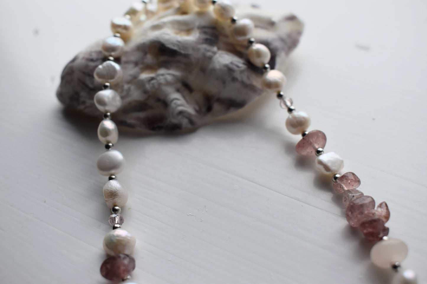 Layered Freshwater Pearl & Strawberry Quartz Necklace 15"