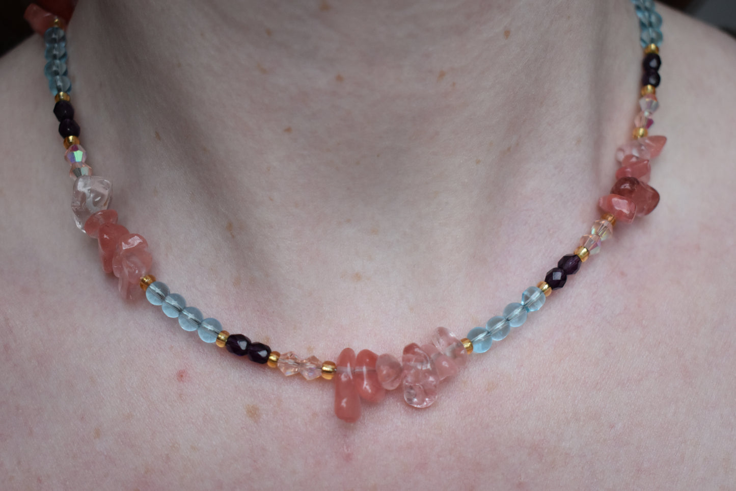 Blue Glass, Cherry Quartz & Crystal Accents - 15'' Handmade Jewellery - Sectioned Beaded Necklace