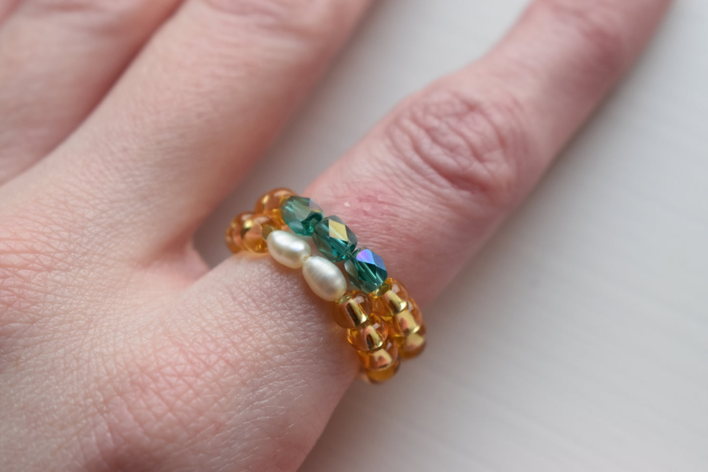 Handmade Two-Ring Bundle - Seed Bead Rings with Pearls & Emerald Glass - Adjustable Fit