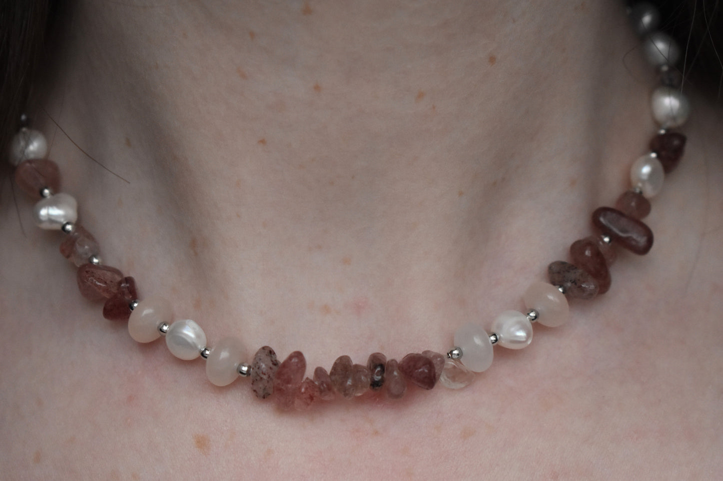 Layered Freshwater Pearl & Strawberry Quartz Necklace 15"