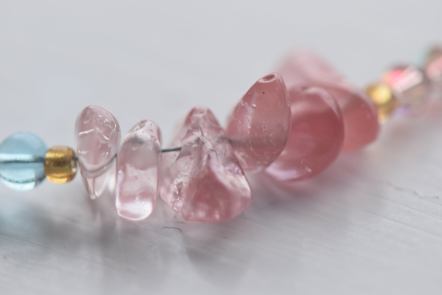 Blue Glass, Cherry Quartz & Crystal Accents - 15'' Handmade Jewellery - Sectioned Beaded Necklace