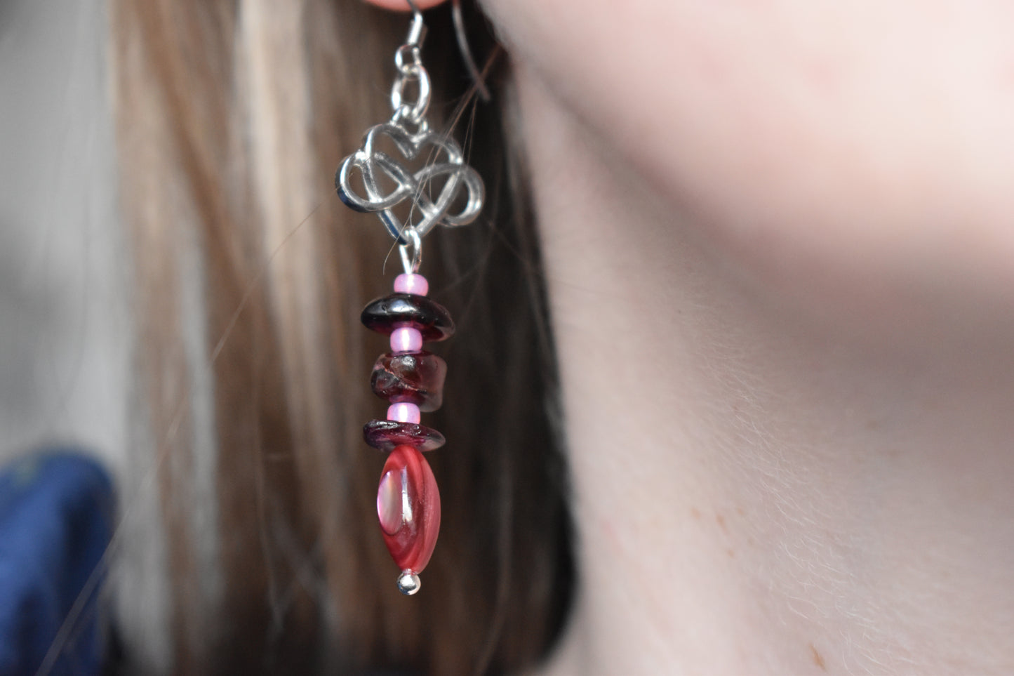 Garnet & Celtic Heart Drop Earrings