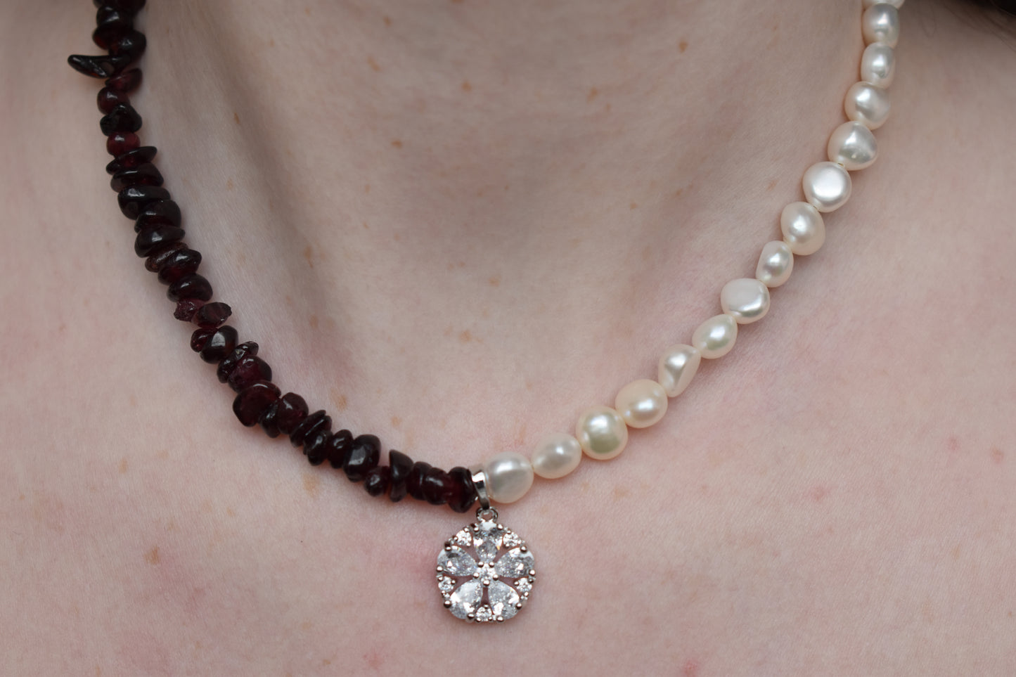 Garnet & Pearl Asymmetrical Sterling Silver Necklace with Cubic Zirconia Pendant