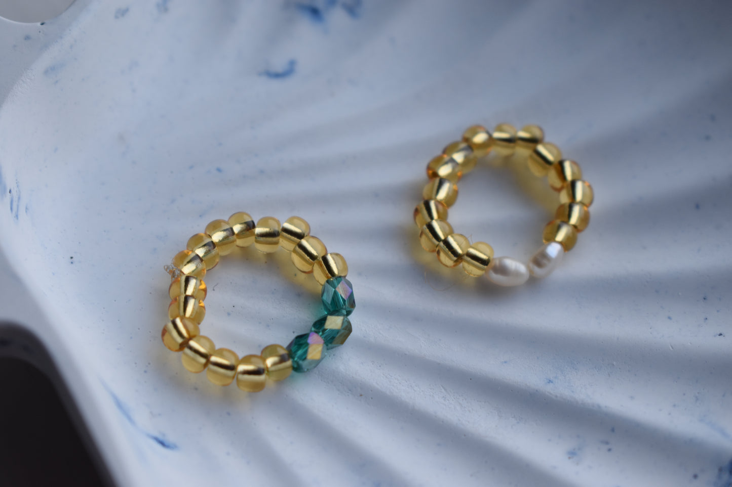 Handmade Two-Ring Bundle - Seed Bead Rings with Pearls & Emerald Glass - Adjustable Fit