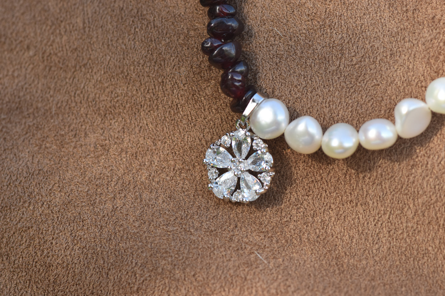 Garnet & Pearl Asymmetrical Sterling Silver Necklace with Cubic Zirconia Pendant