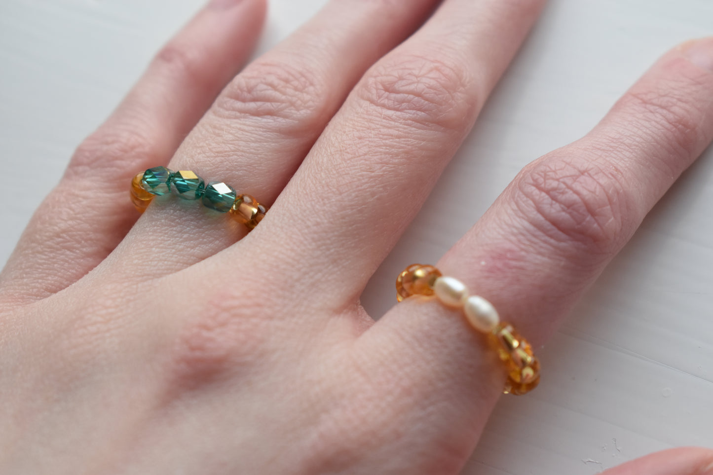Handmade Two-Ring Bundle - Seed Bead Rings with Pearls & Emerald Glass - Adjustable Fit