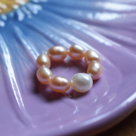 Pale Pink Freshwater Pearl Elastic Ring - Natural Pearls, Minimalist Ring