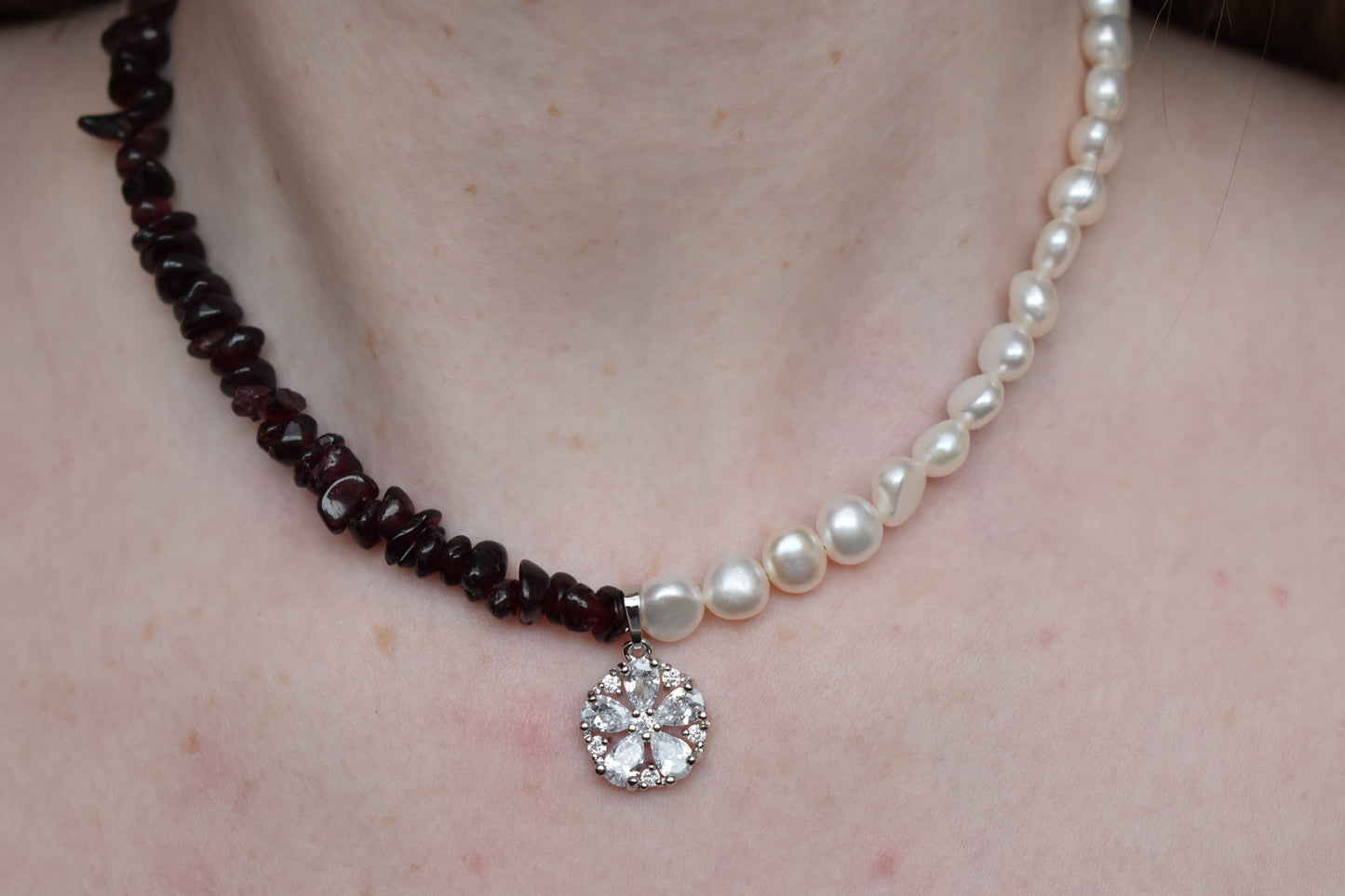 Garnet & Pearl Asymmetrical Sterling Silver Necklace with Cubic Zirconia Pendant
