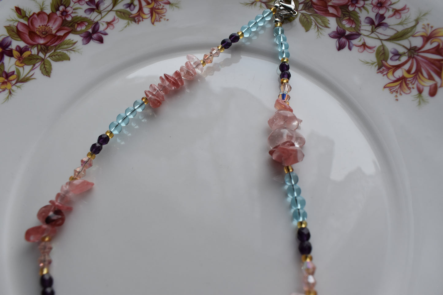 Blue Glass, Cherry Quartz & Crystal Accents - 15'' Handmade Jewellery - Sectioned Beaded Necklace
