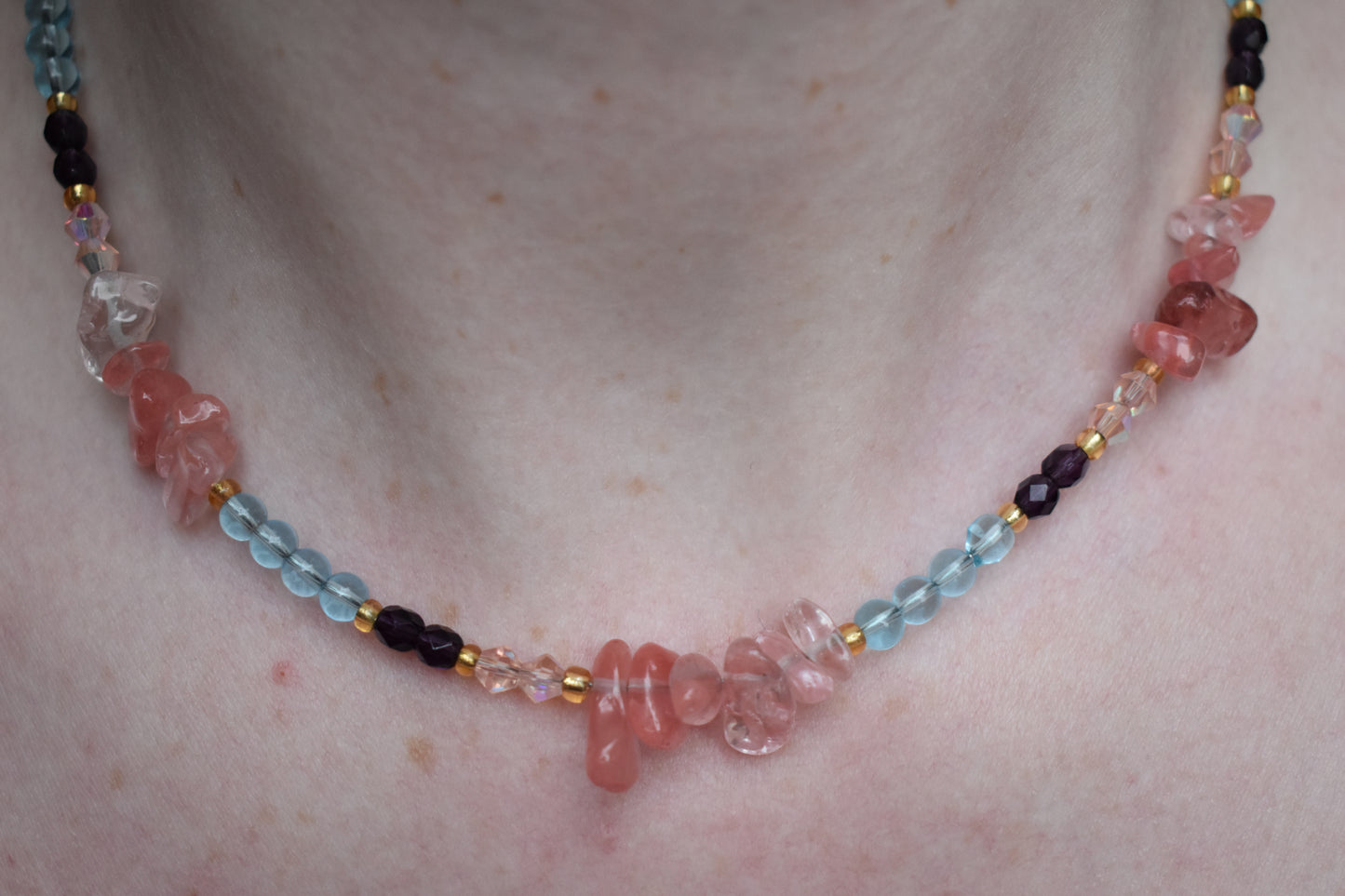 Blue Glass, Cherry Quartz & Crystal Accents - 15'' Handmade Jewellery - Sectioned Beaded Necklace
