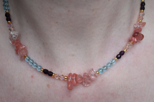 Blue Glass, Cherry Quartz & Crystal Accents - 15'' Handmade Jewellery - Sectioned Beaded Necklace