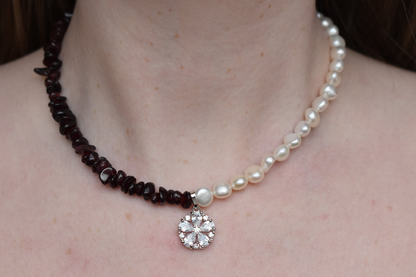 Garnet & Pearl Asymmetrical Sterling Silver Necklace with Cubic Zirconia Pendant