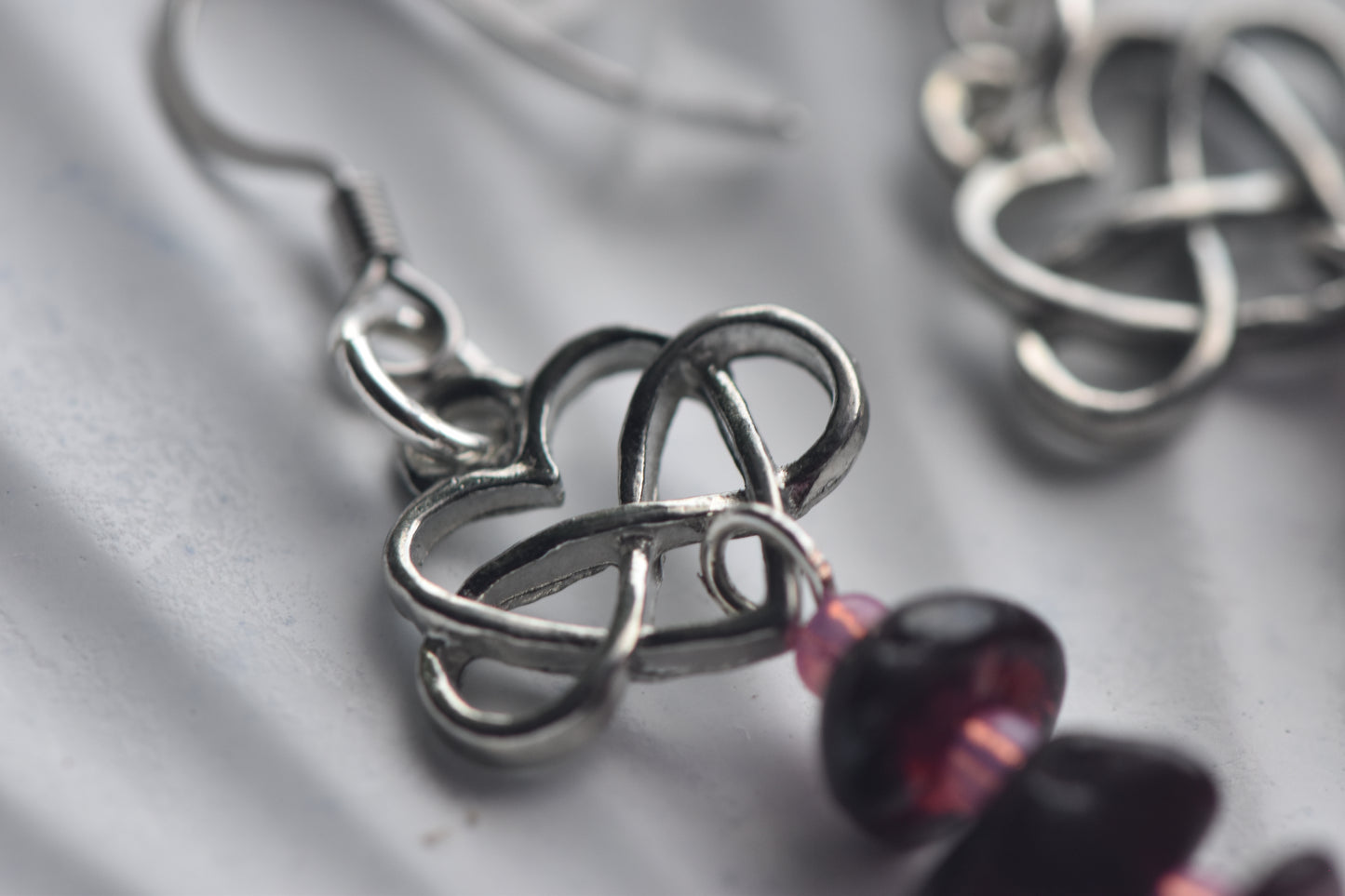 Garnet & Celtic Heart Drop Earrings