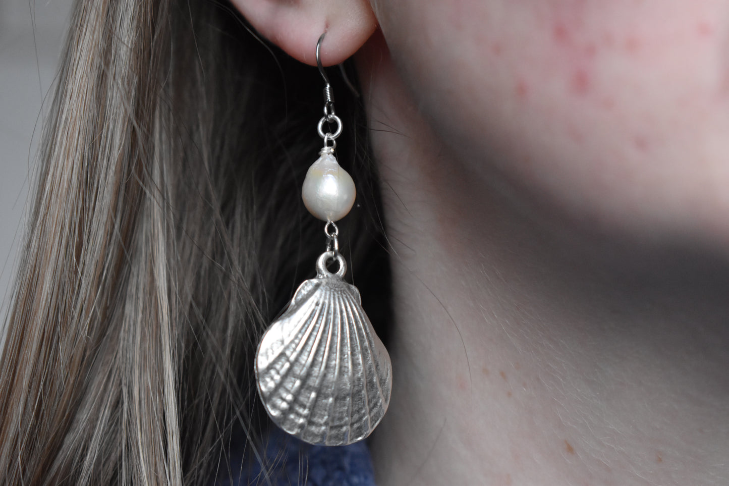 Silver Seashell & Pearl Drop Earrings