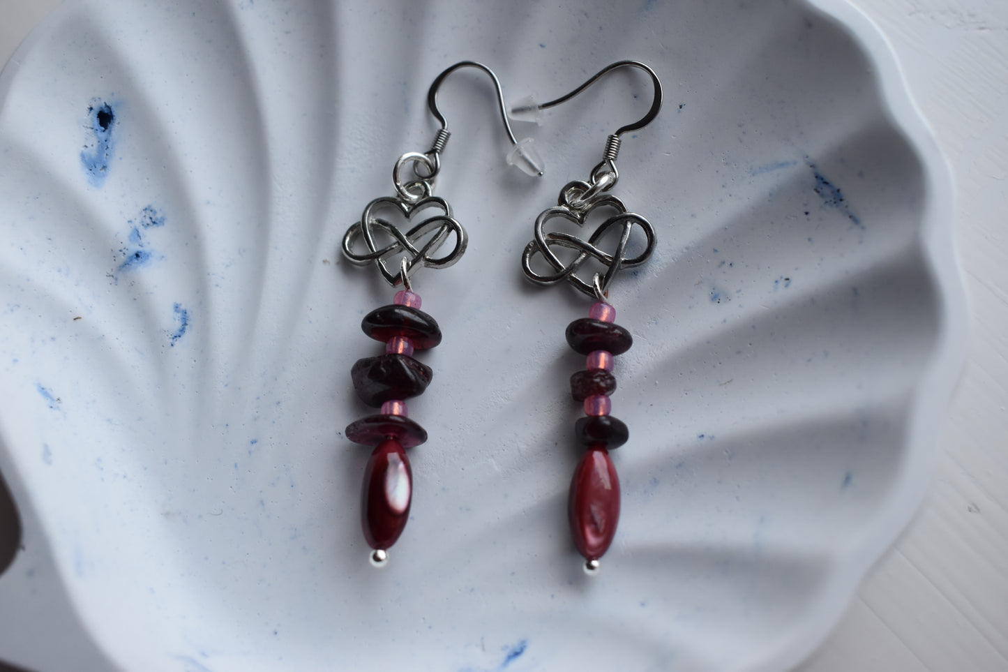 Garnet & Celtic Heart Drop Earrings