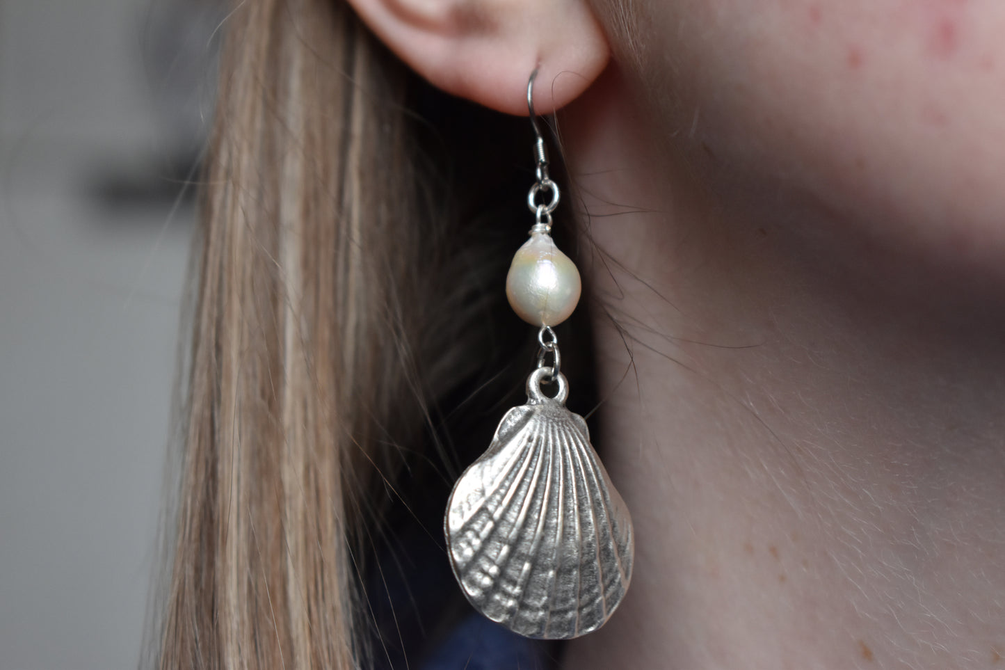 Silver Seashell & Pearl Drop Earrings