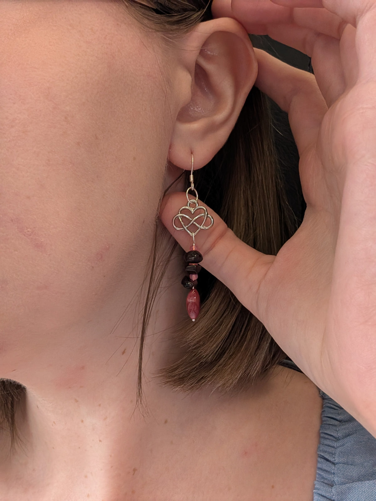 Garnet & Celtic Heart Drop Sterling Silver Earrings with Antique Silver Tone Charm