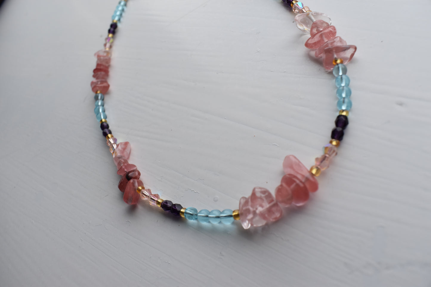 Blue Glass, Cherry Quartz & Crystal Accents - 15'' Handmade Jewellery - Sectioned Beaded Necklace