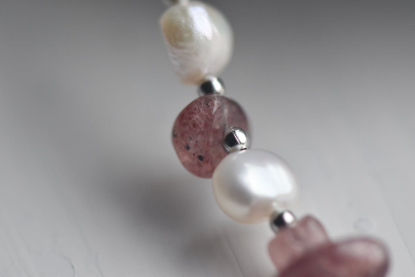 Layered Freshwater Pearl & Strawberry Quartz Necklace 15"