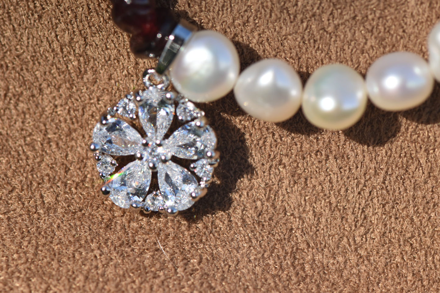 Garnet & Pearl Asymmetrical Sterling Silver Necklace with Cubic Zirconia Pendant